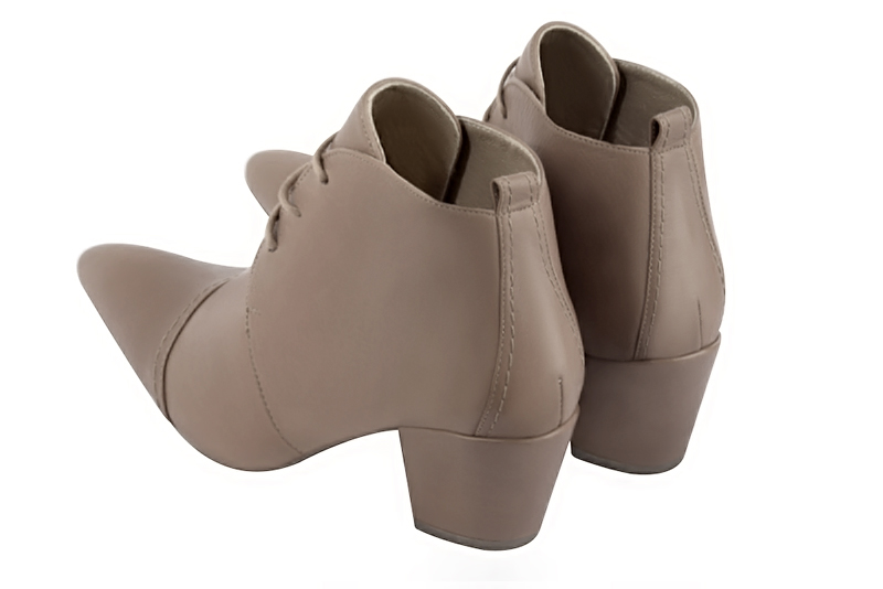 Women's bronze beige elegant ankle boots, with laces at the front. Tapered toe. Medium cone heels - Rear view